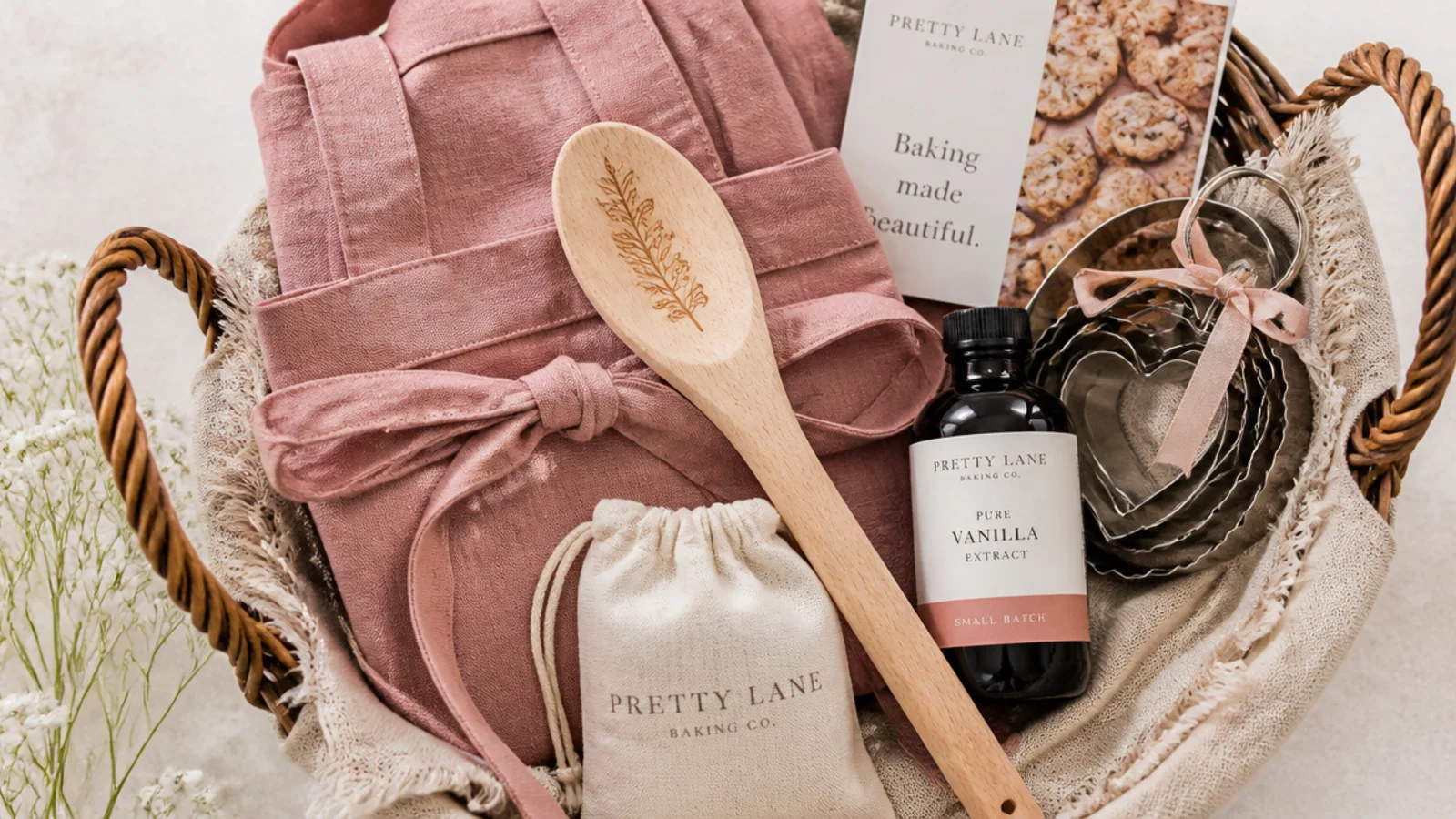 Faceless flat-lay of a baking basket with a linen apron, wooden spoon, vanilla and cookie cutters