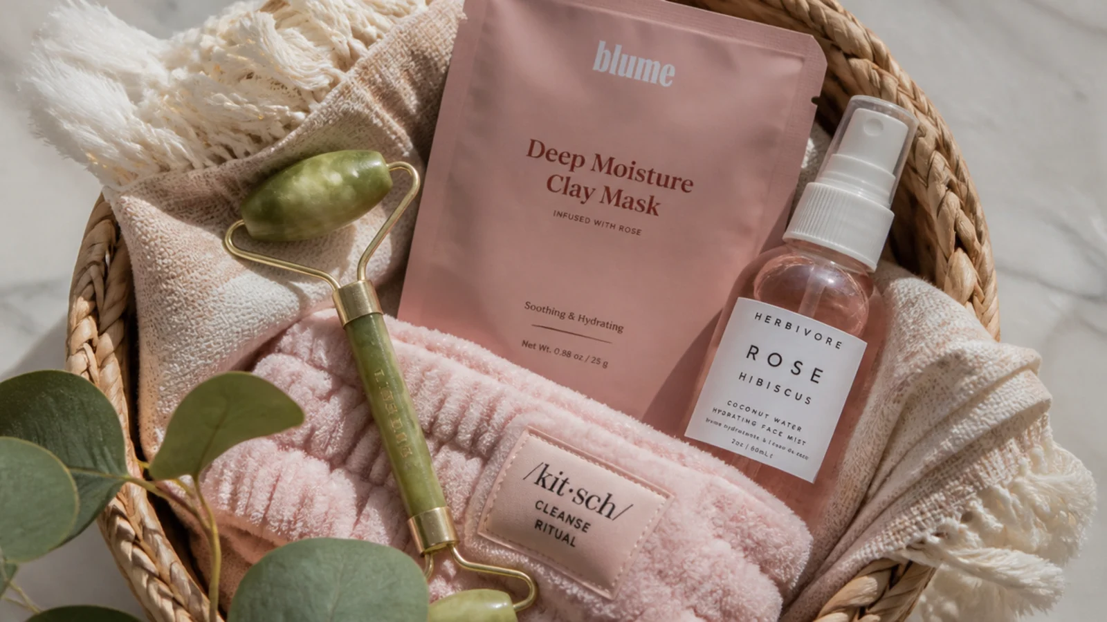 Faceless overhead shot of a skincare basket with a headband, jade roller, clay mask and mist
