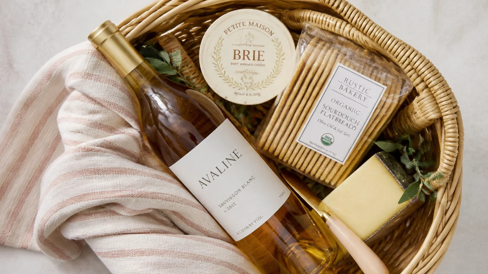 Faceless overhead shot of a wine and cheese basket with a bottle, crackers, cheese and a towel