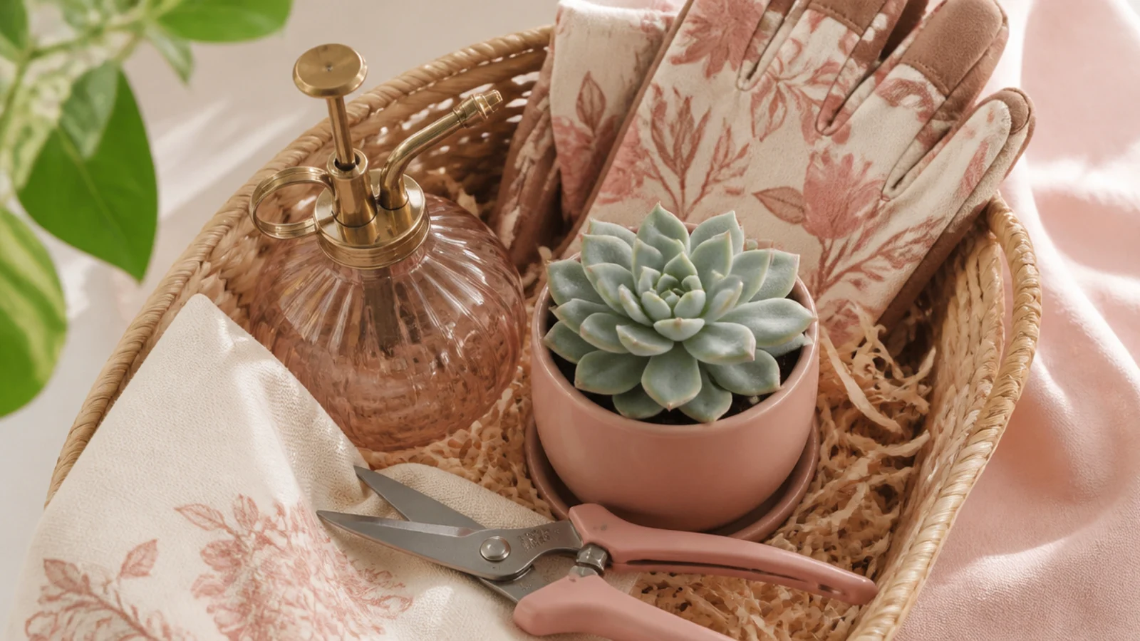 Faceless flat-lay of a plant lover basket with a small potted succulent, gloves, mister and snips
