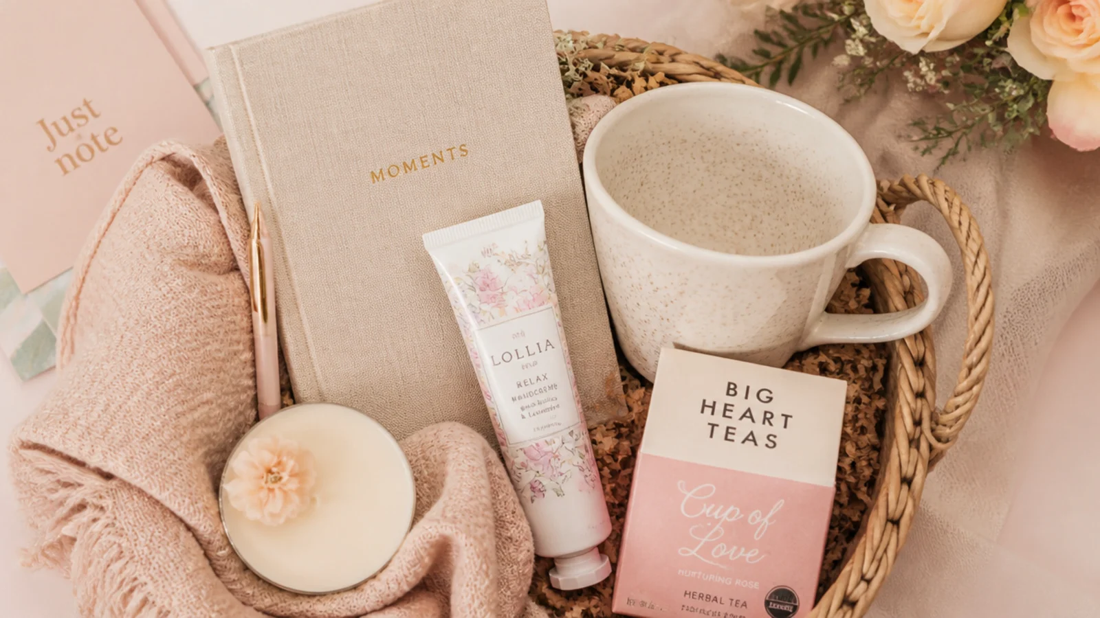 Faceless overhead shot of a desk comfort basket with a mug, hand cream, notebook and tea