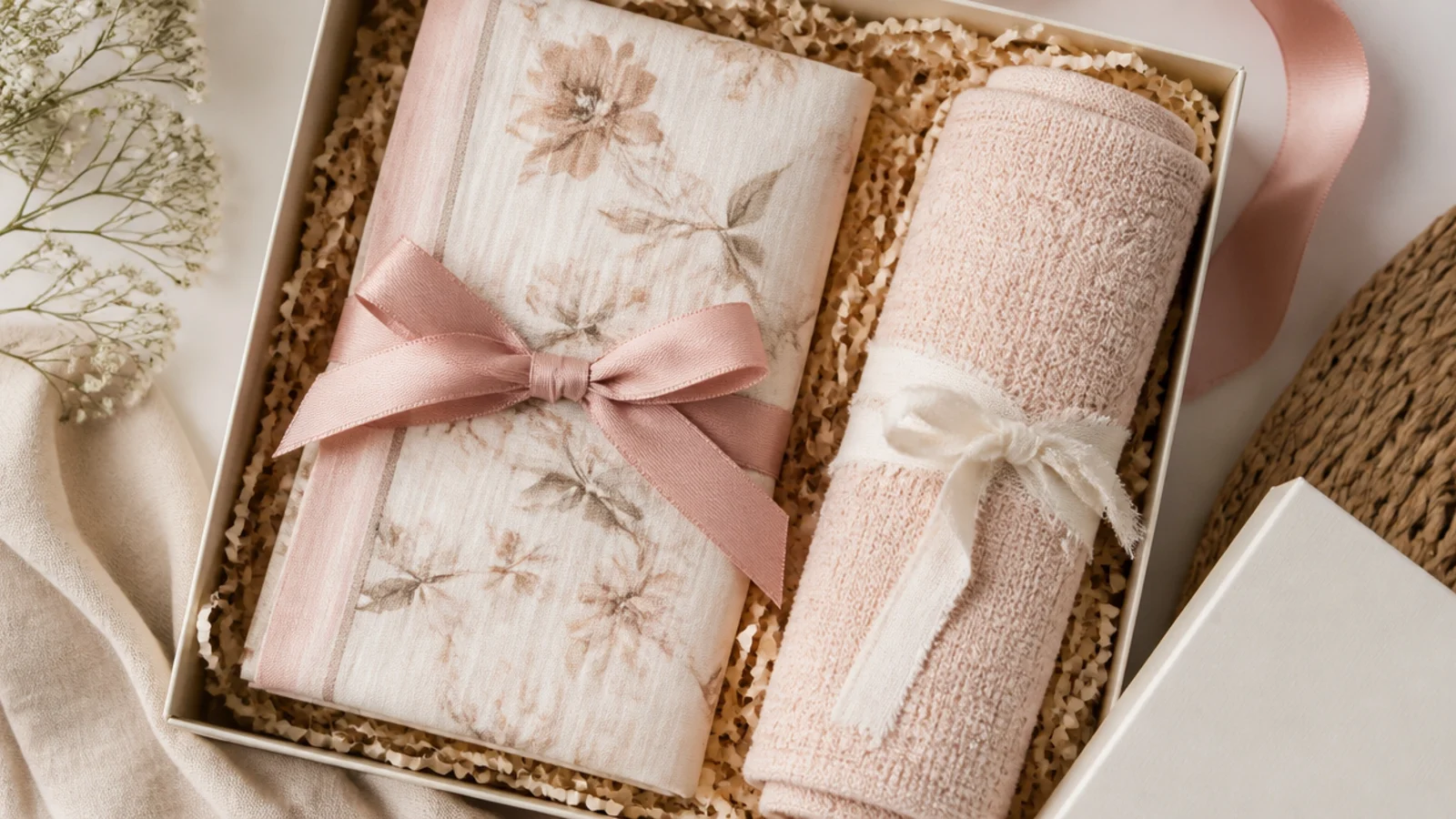 Faceless flat-lay showing crinkle paper, folded fabric and a rolled towel as basket fillers