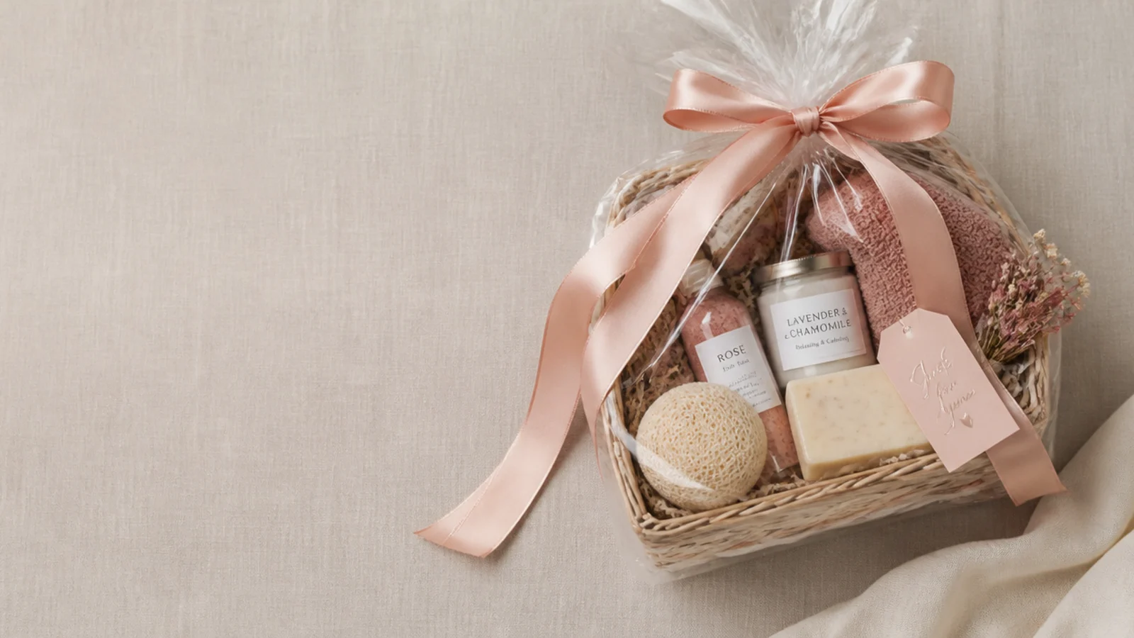 Faceless overhead shot of a cellophane-wrapped DIY gift basket tied with wide satin ribbon on a linen surface