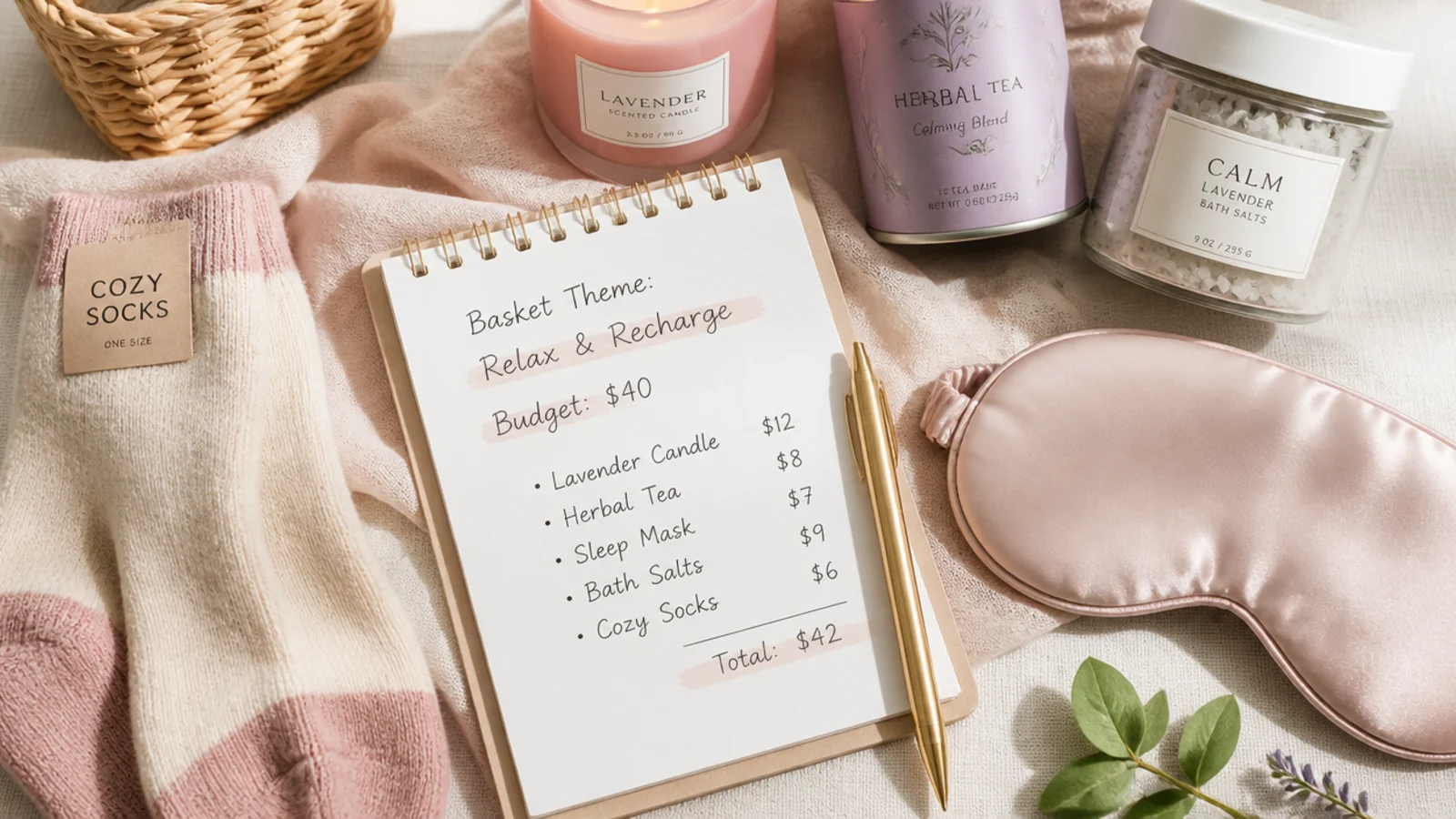 Faceless flat-lay of a notepad listing a basket theme and a $40 budget beside sample items