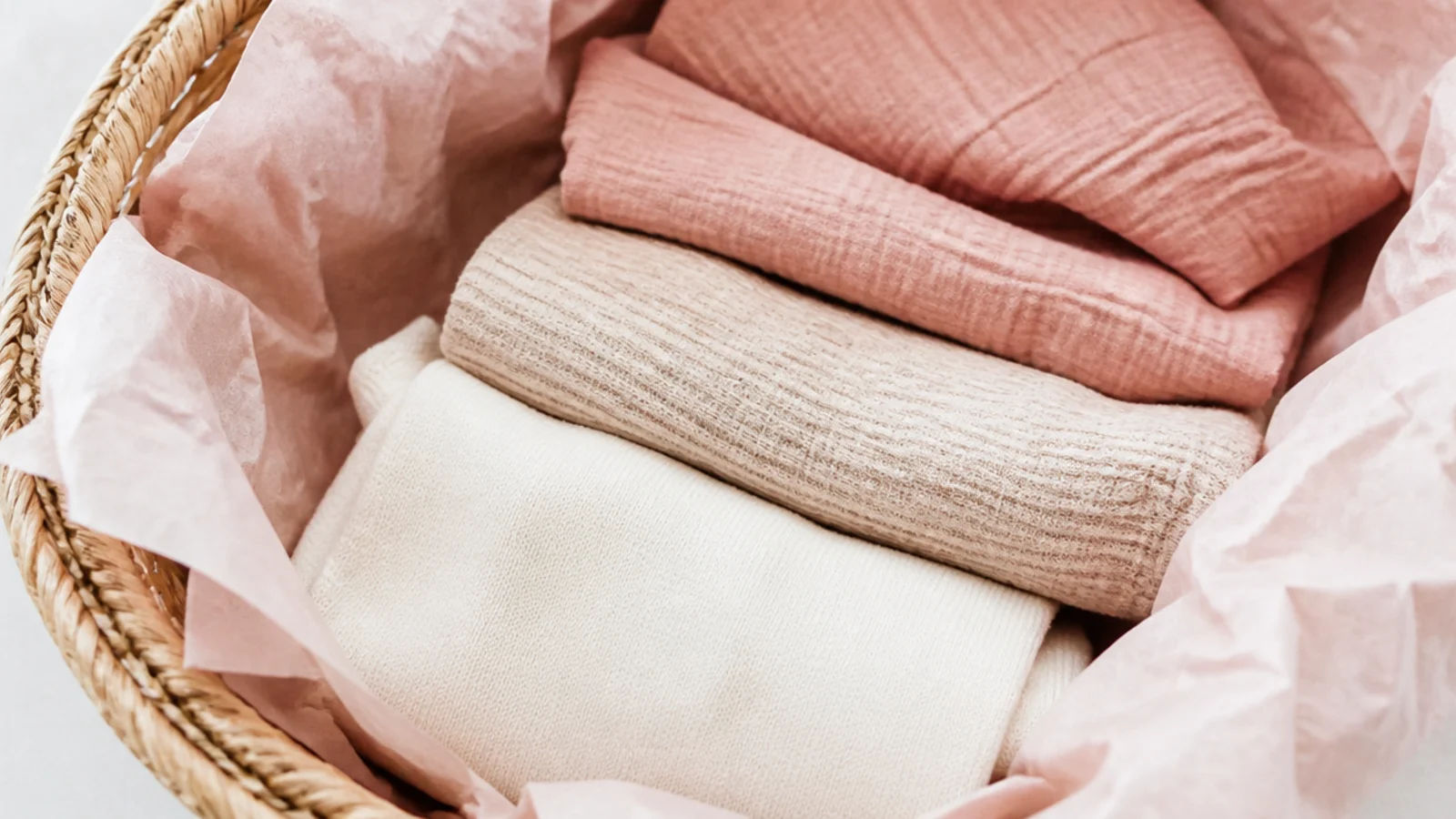 Faceless close-up of folded fabric and crumpled tissue lining the bottom of a basket