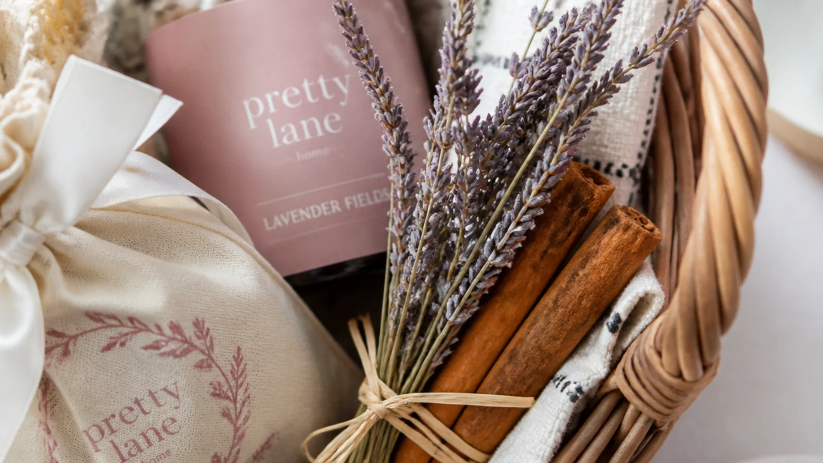 Faceless close-up of a dried lavender sprig and cinnamon sticks tucked among basket items