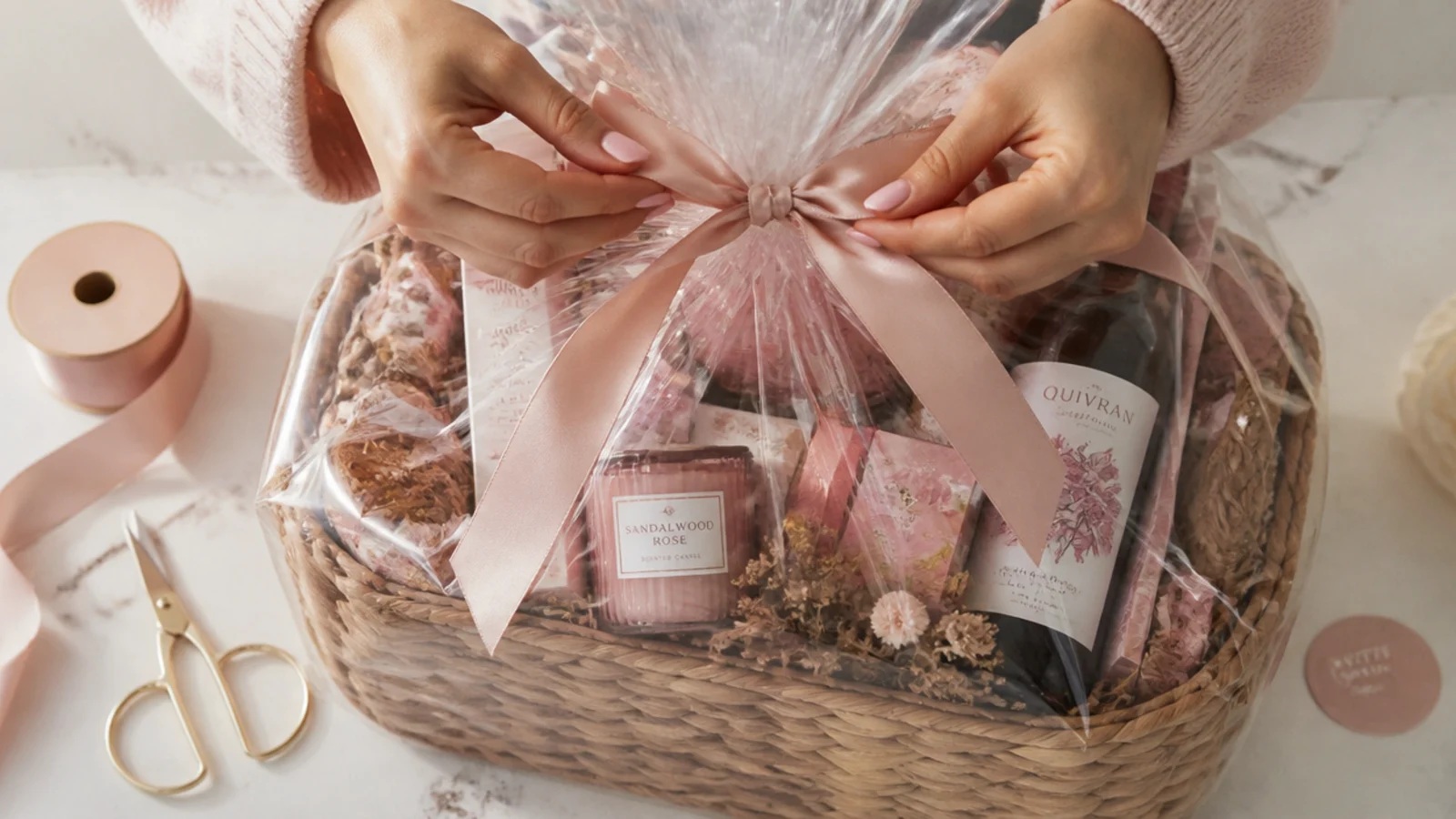 Faceless overhead of a basket being gathered in clear cellophane and tied with wide satin ribbon