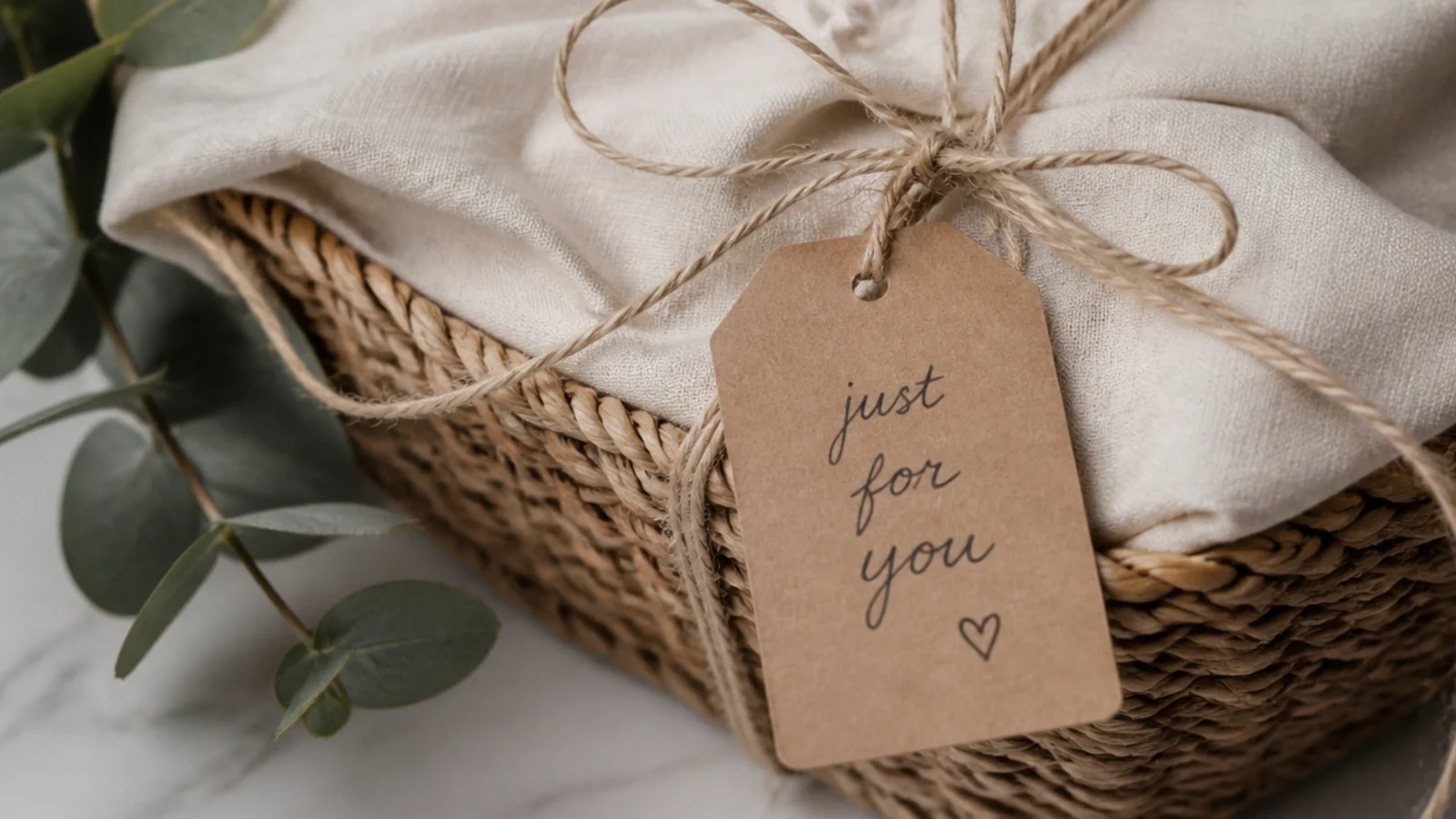 Faceless close-up of a handwritten kraft gift tag tied to a wrapped basket with twine