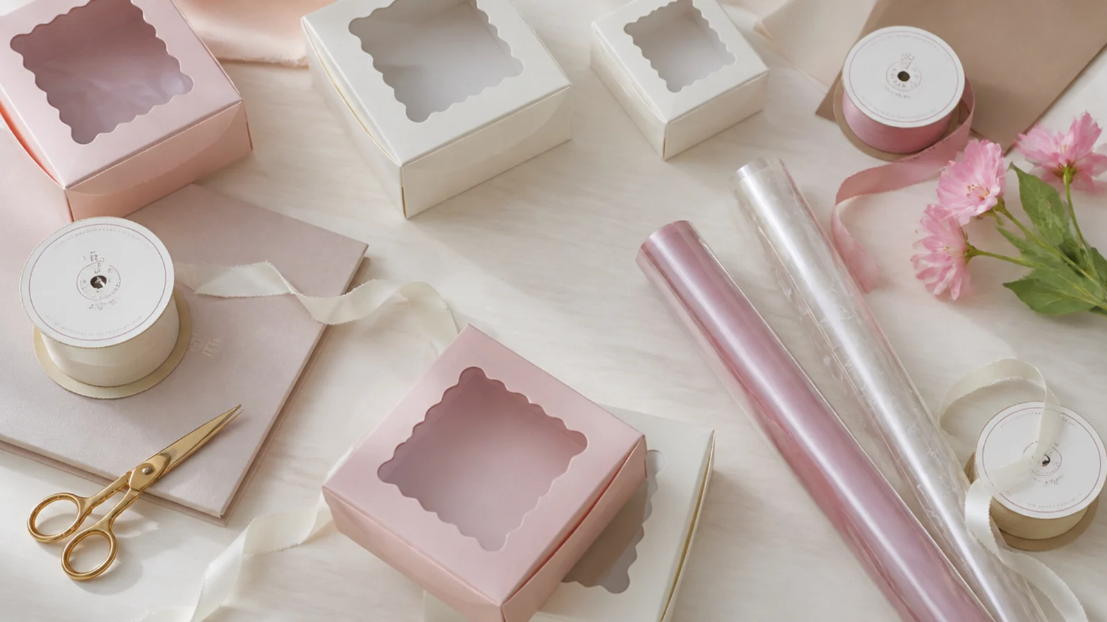 Faceless flat-lay of craft-store containers, ribbon spools and cellophane rolls on a table