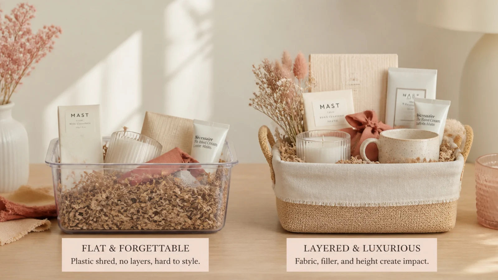 Faceless comparison of a flat plastic-shred basket beside a corrected fabric-lined layered one