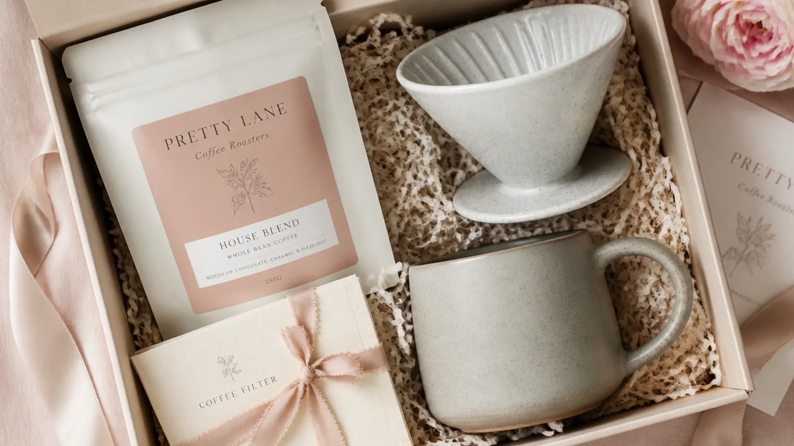 Faceless overhead shot of a coffee lover gift hamper with beans, sage stoneware mug and pour-over dripper
