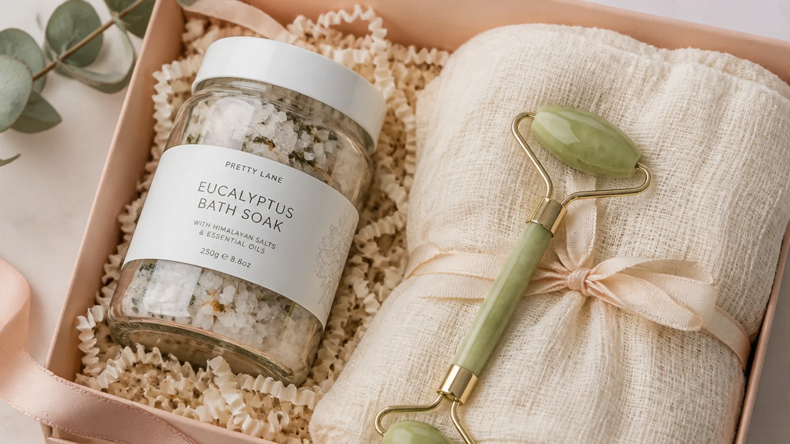 Faceless flat-lay of a spa hamper for her with eucalyptus bath soak, jade roller and muslin cloth