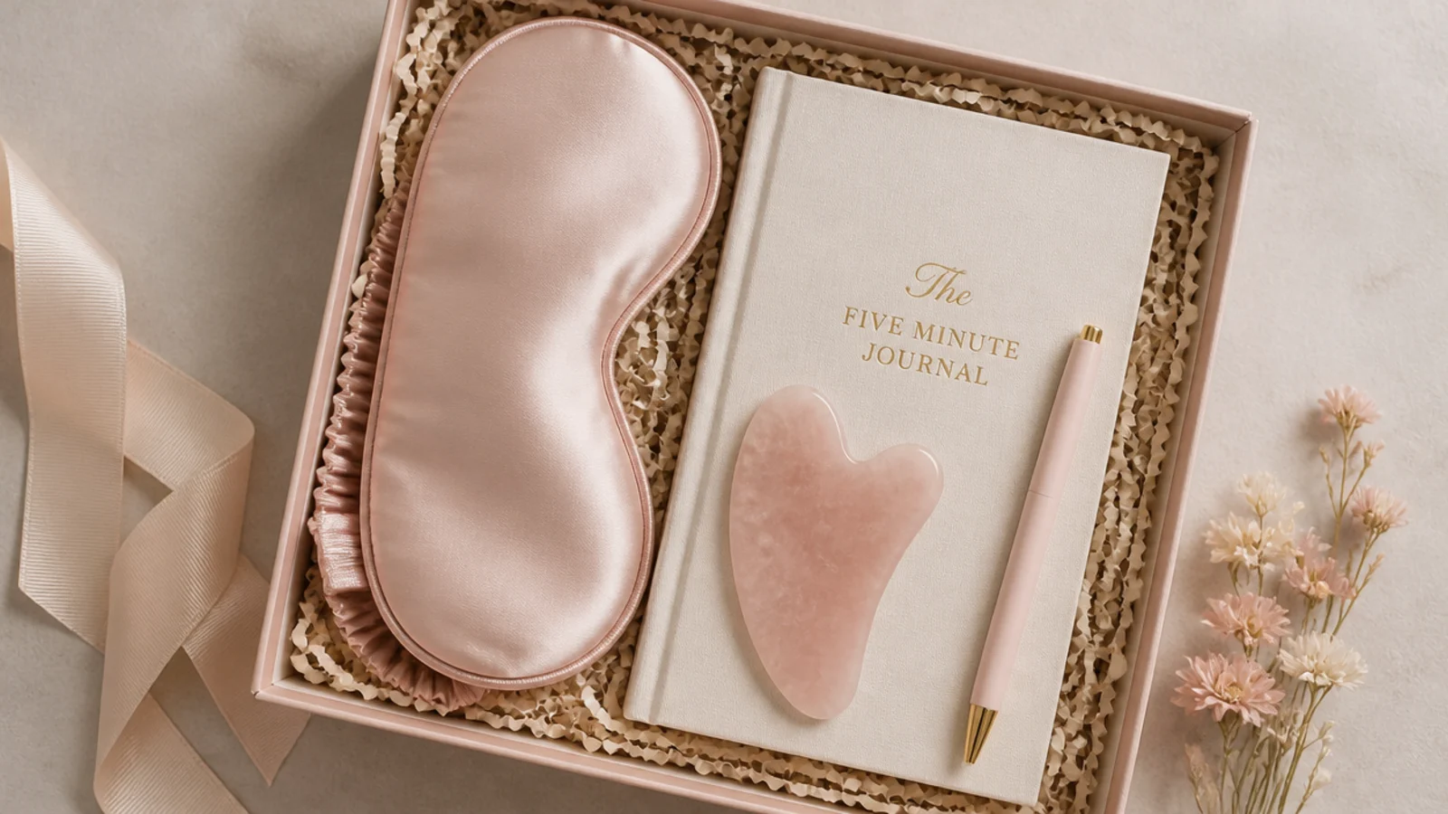 Faceless overhead shot of a self-care reset gift hamper with silk eye mask, gua sha stone and journal