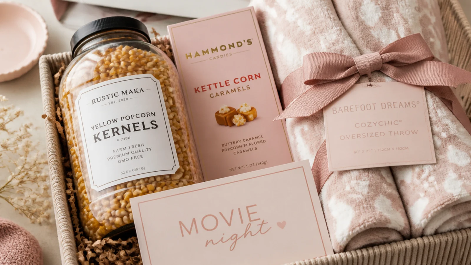 Faceless flat-lay of a movie night gift hamper with popcorn kernels, boxed candy and fleece blanket