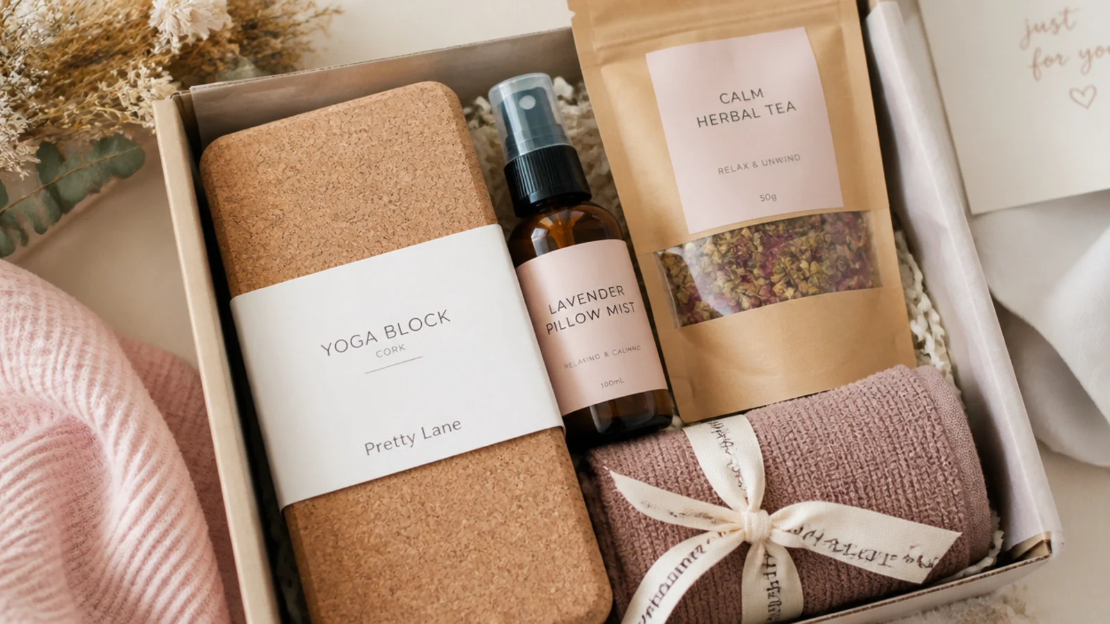 Faceless flat-lay of a yoga and wellness gift hamper with cork block, lavender mist and herbal tea