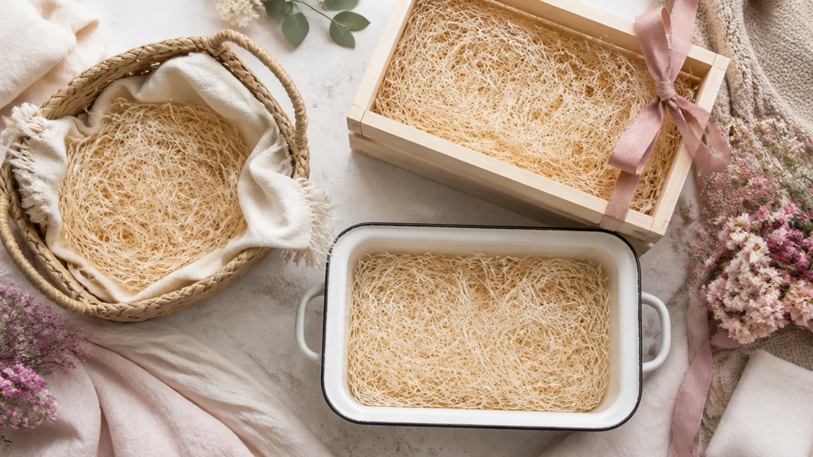 Faceless flat-lay of gift hamper container options including seagrass basket, wooden crate and enamel tray