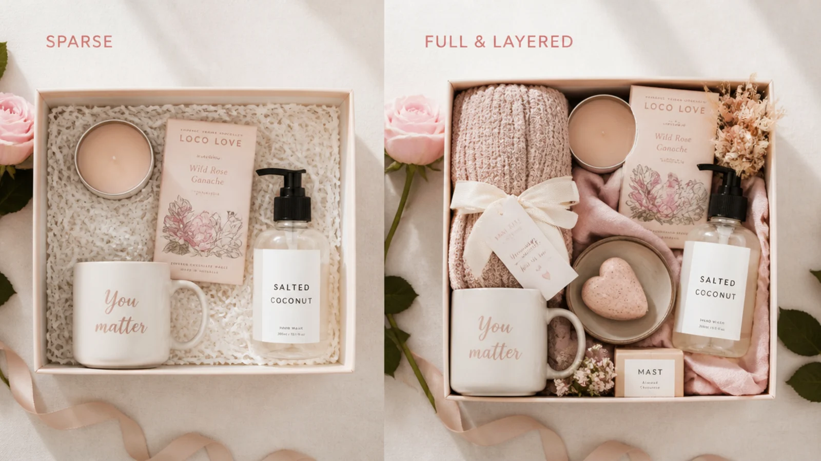 Faceless overhead shot contrasting a flat sparse gift hamper with a corrected full layered version
