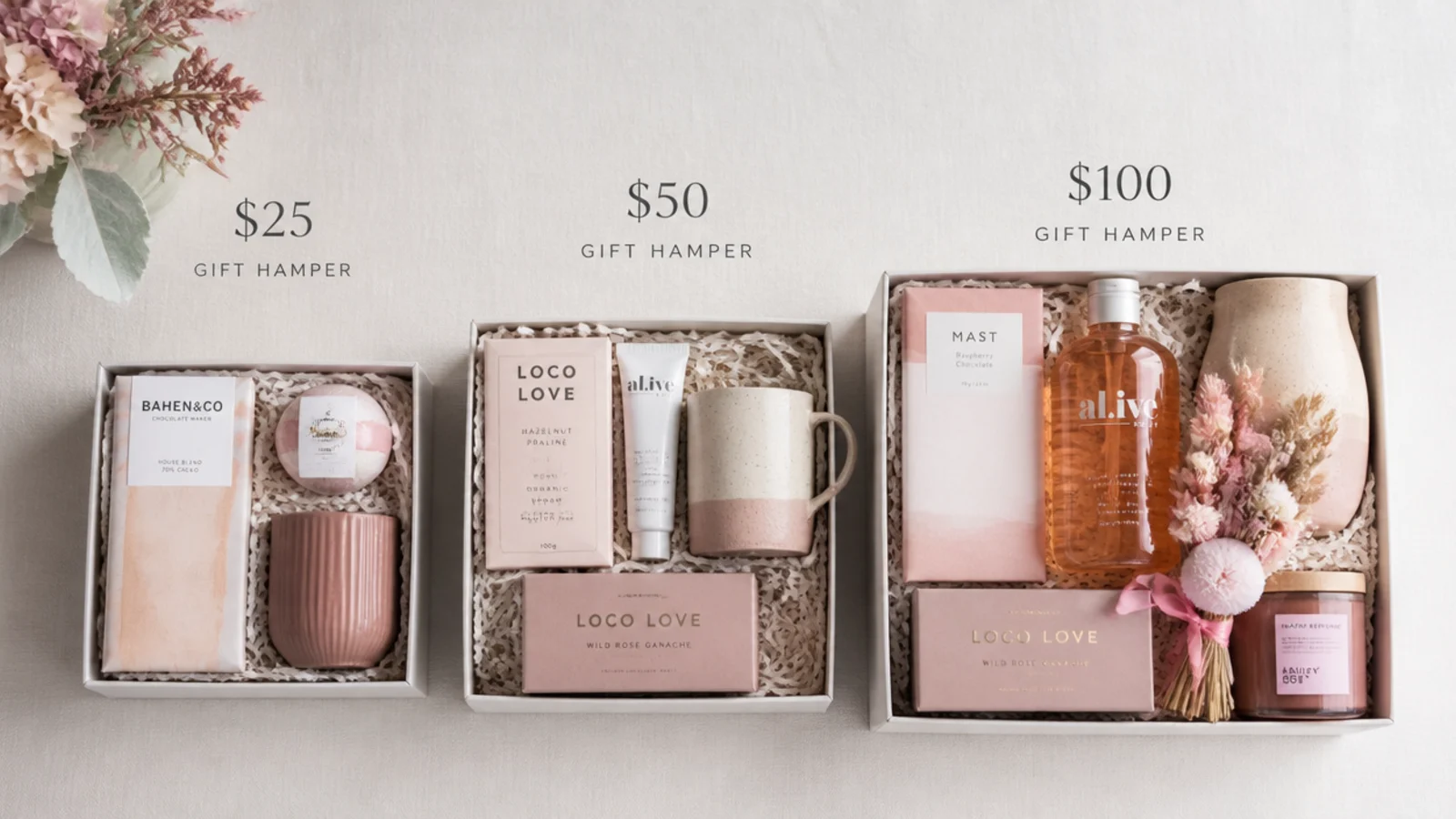 Faceless flat-lay comparing a 25 dollar, 50 dollar and 100 dollar gift hamper side by side