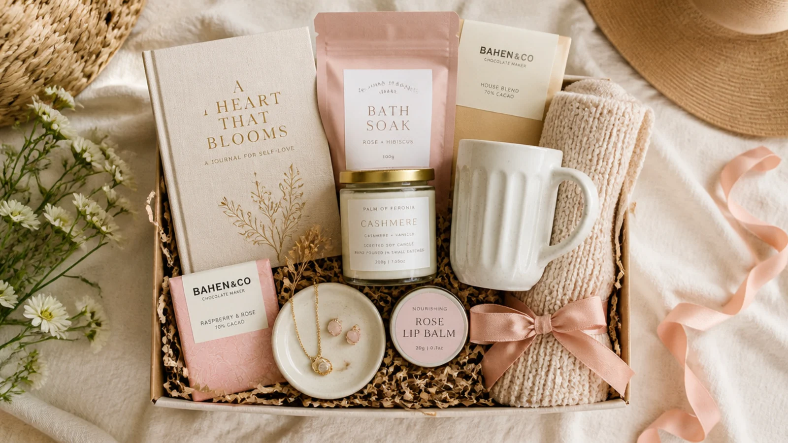Faceless overhead shot of a professionally layered gift hamper with varied heights and cohesive palette