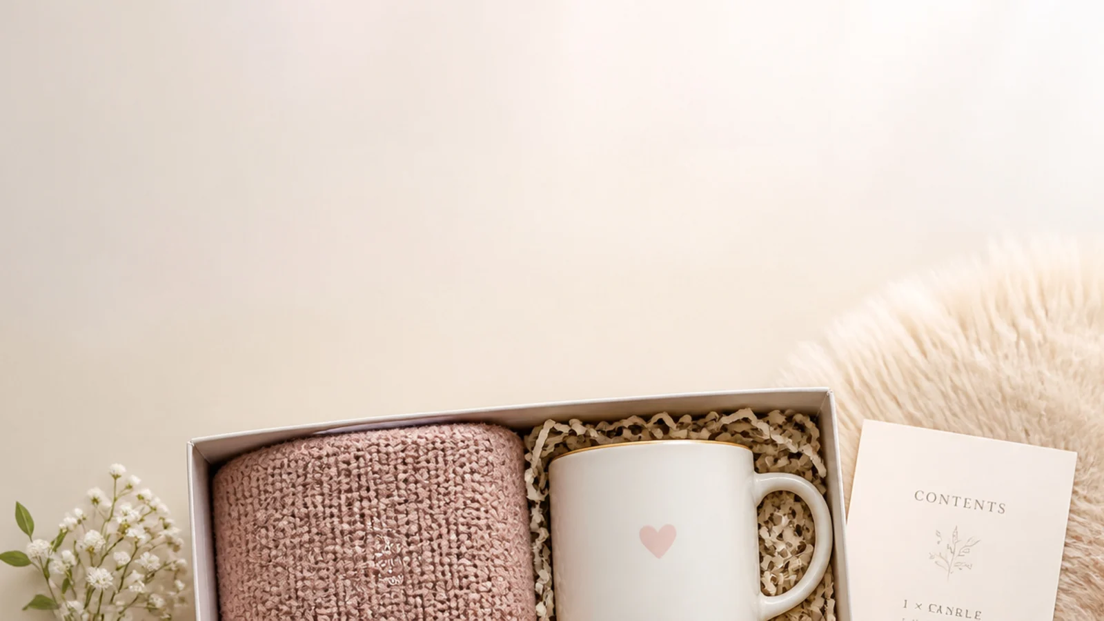 Faceless overhead shot of a themed gift hamper for her with a contents list of candle, mug and throw