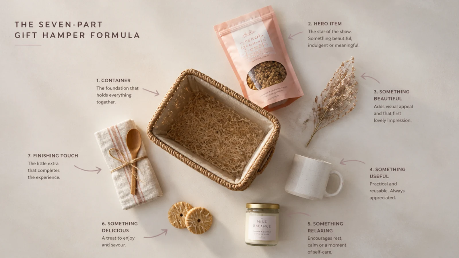 Faceless flat-lay showing the seven-part gift hamper formula laid out with container, hero item and fillers