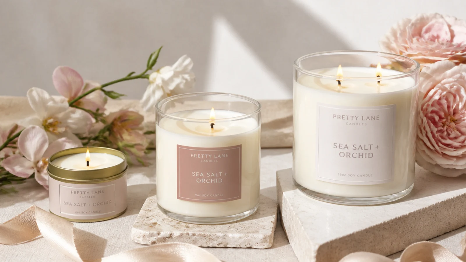 Faceless flat-lay of three soy candles at rising price points on a neutral surface