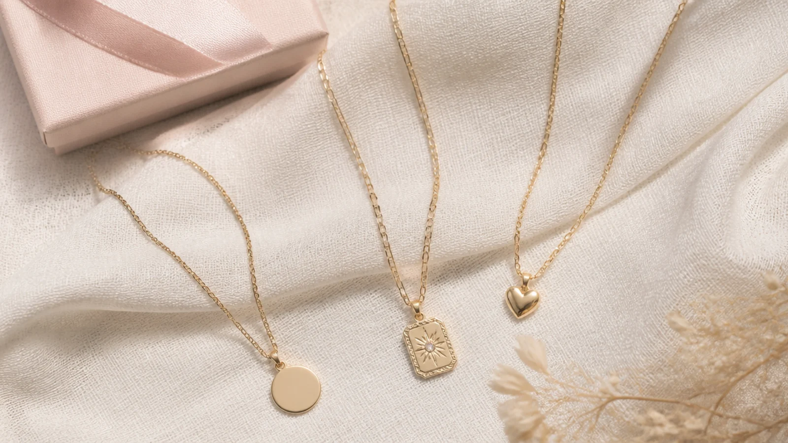 Faceless flat-lay of three gold necklaces from plated to solid gold on cream linen