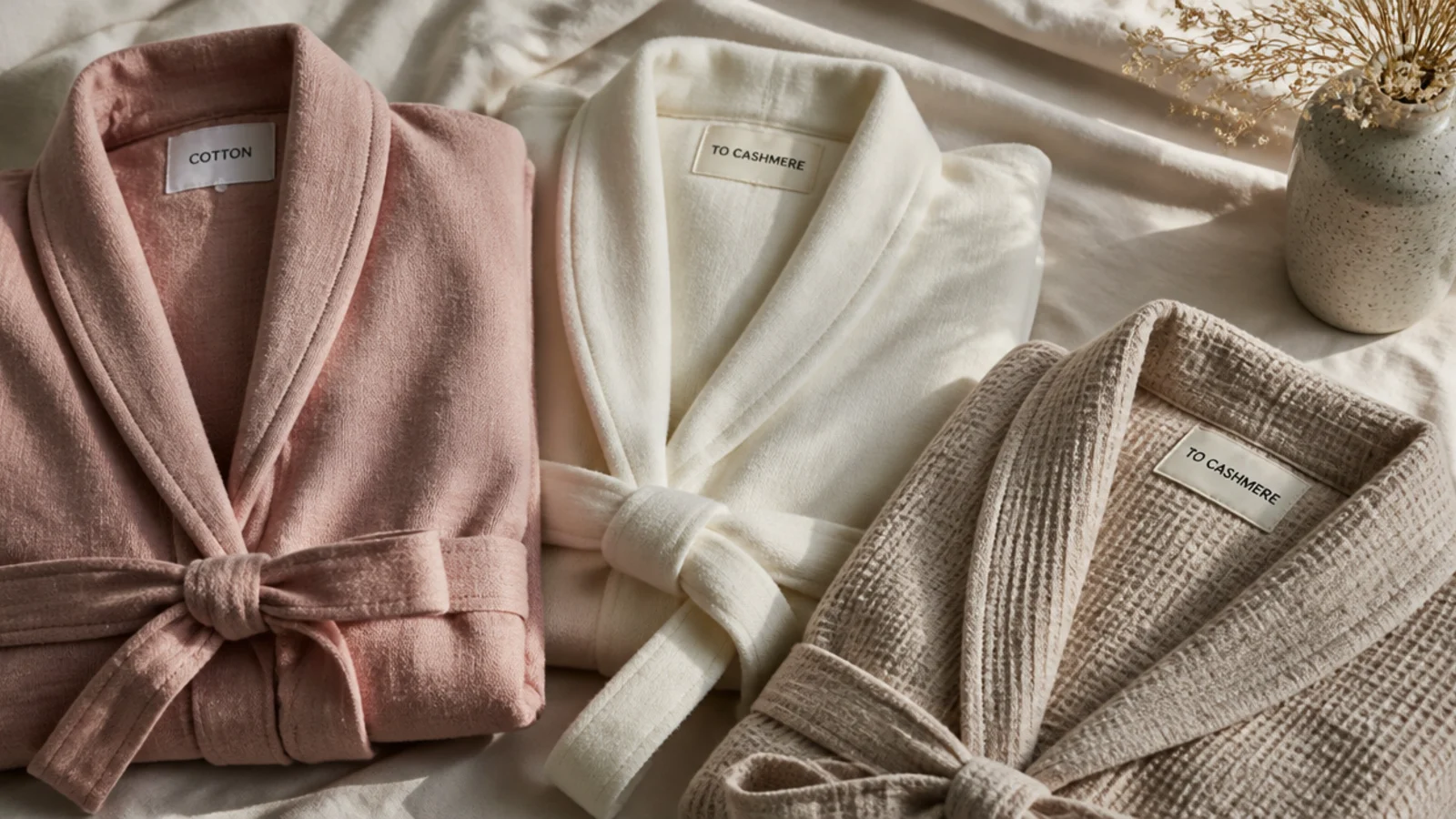 Faceless flat-lay of three folded robes from cotton to cashmere on a neutral bed