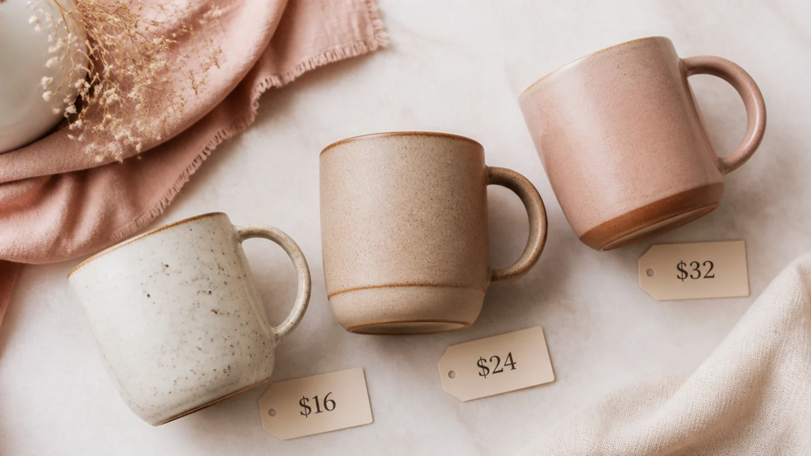 Faceless flat-lay of three ceramic mugs in neutral glazes at rising prices