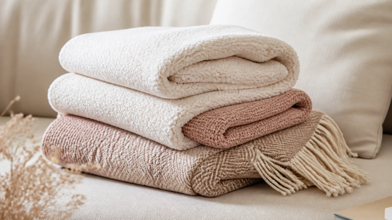 Faceless flat-lay of three folded throw blankets from fleece to wool on a neutral sofa