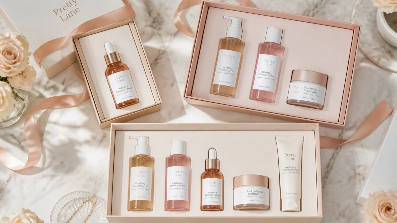 Faceless flat-lay of three skincare gift sets from single serum to full ritual on marble