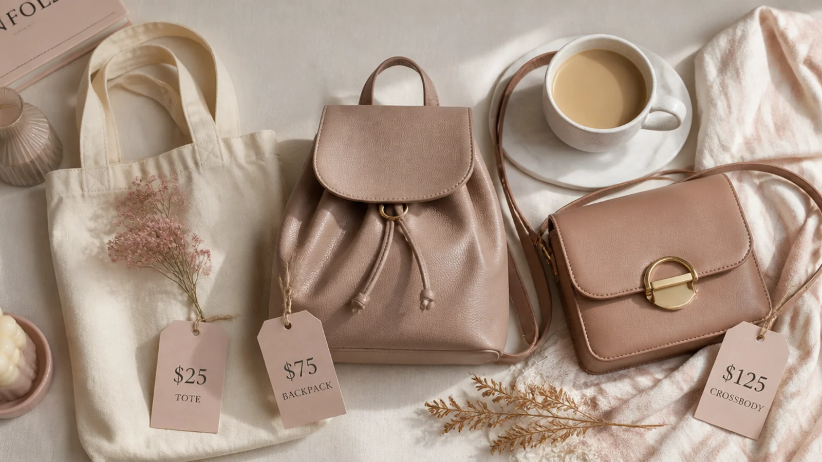 Faceless flat-lay of three bags from cotton tote to leather crossbody at rising prices