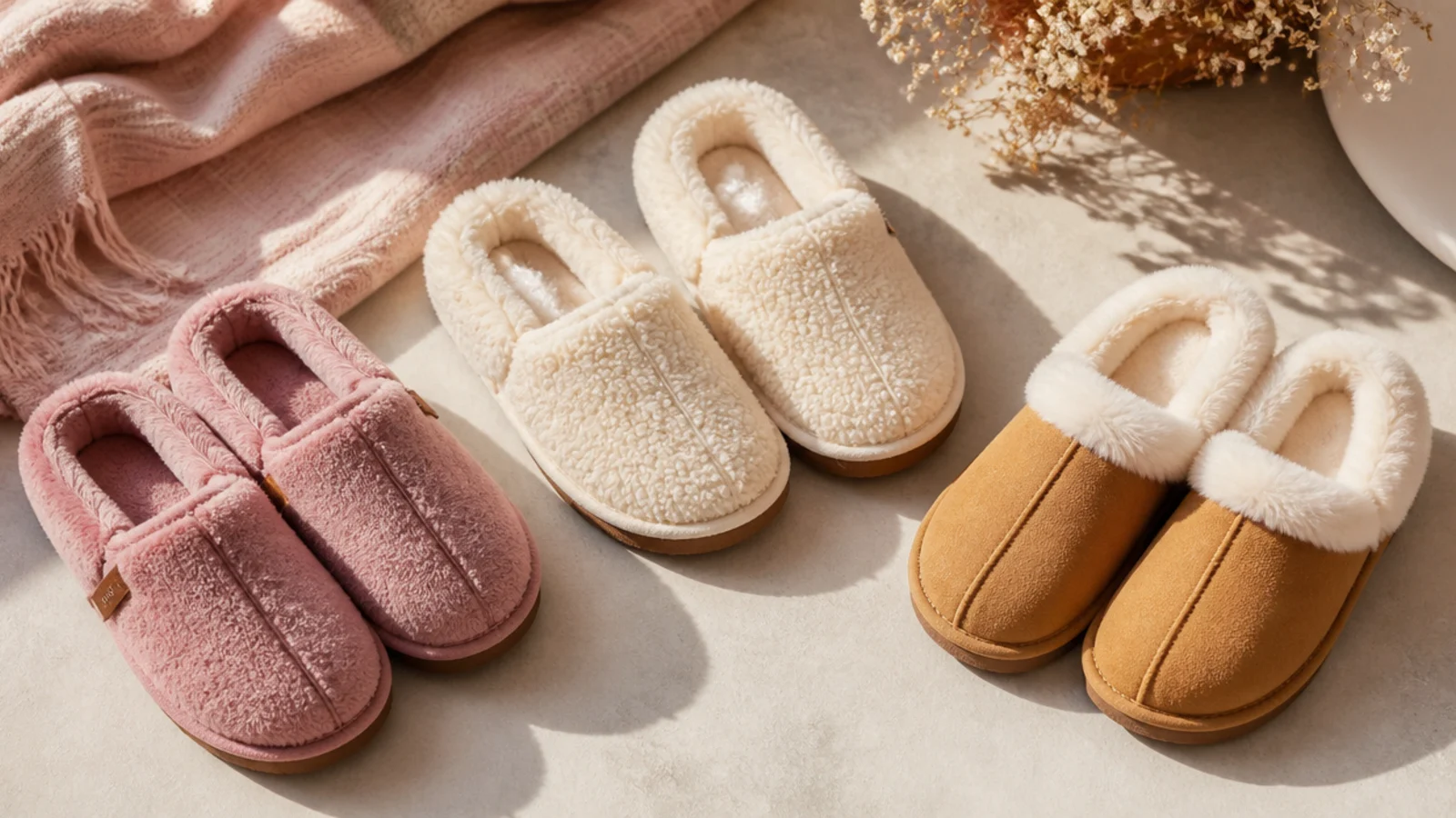 Faceless flat-lay of three pairs of slippers from fleece to shearling on a neutral floor