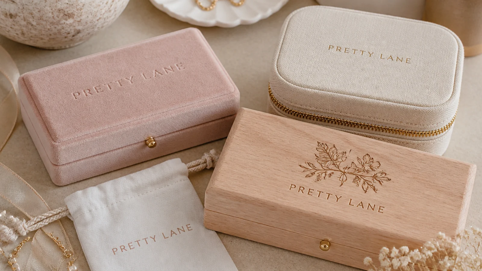 Faceless flat-lay of three jewelry boxes from fabric to engraved wood on a neutral surface