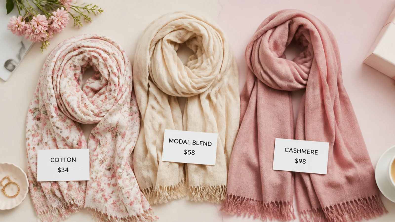 Faceless flat-lay of three scarves from printed cotton to cashmere at rising prices