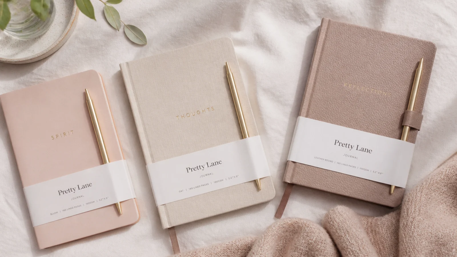 Faceless flat-lay of three journal and pen sets from paperback to leather-bound on linen