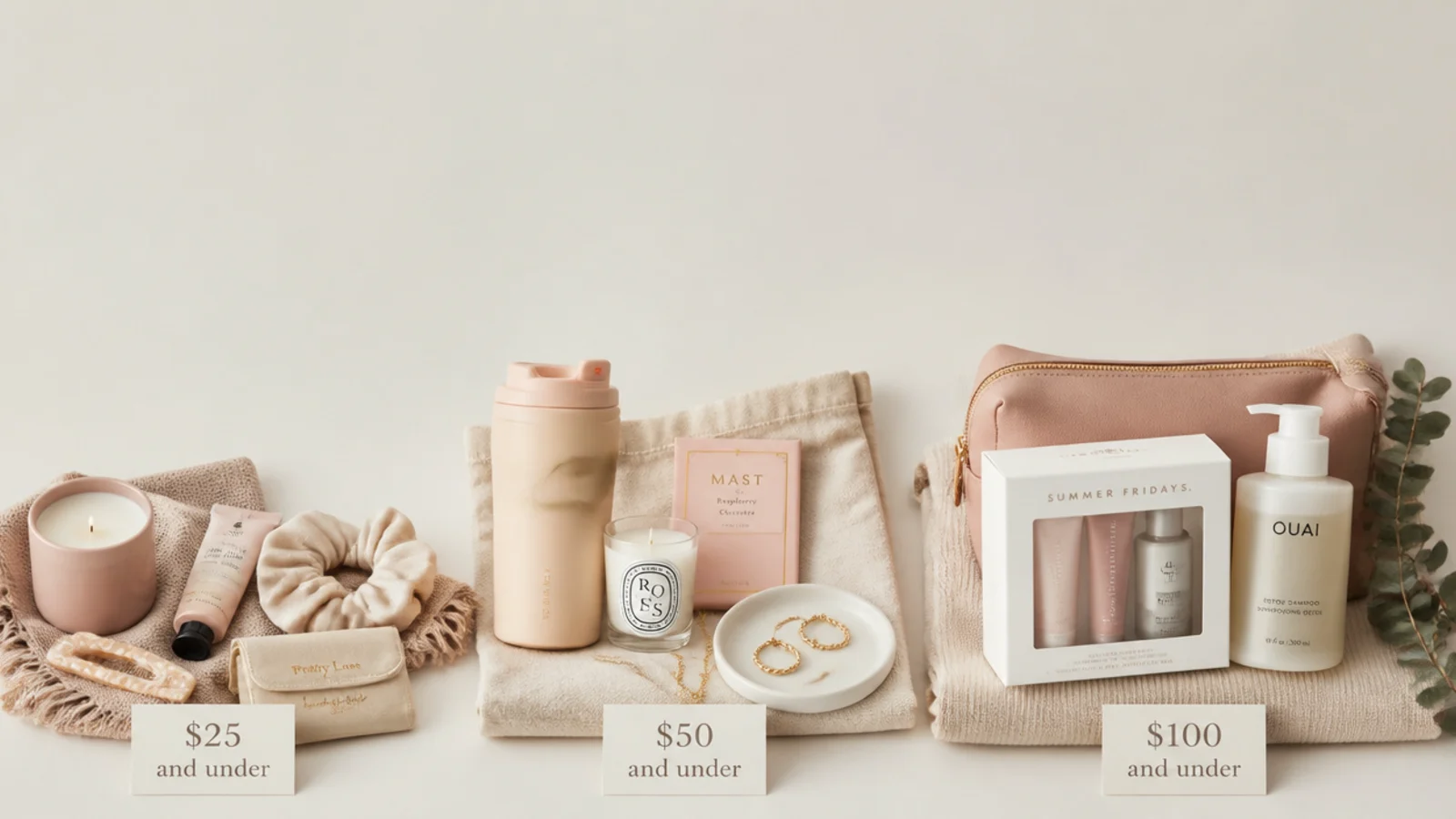 Faceless flat-lay comparing gifts for her at $25, $50 and $100 on a neutral background