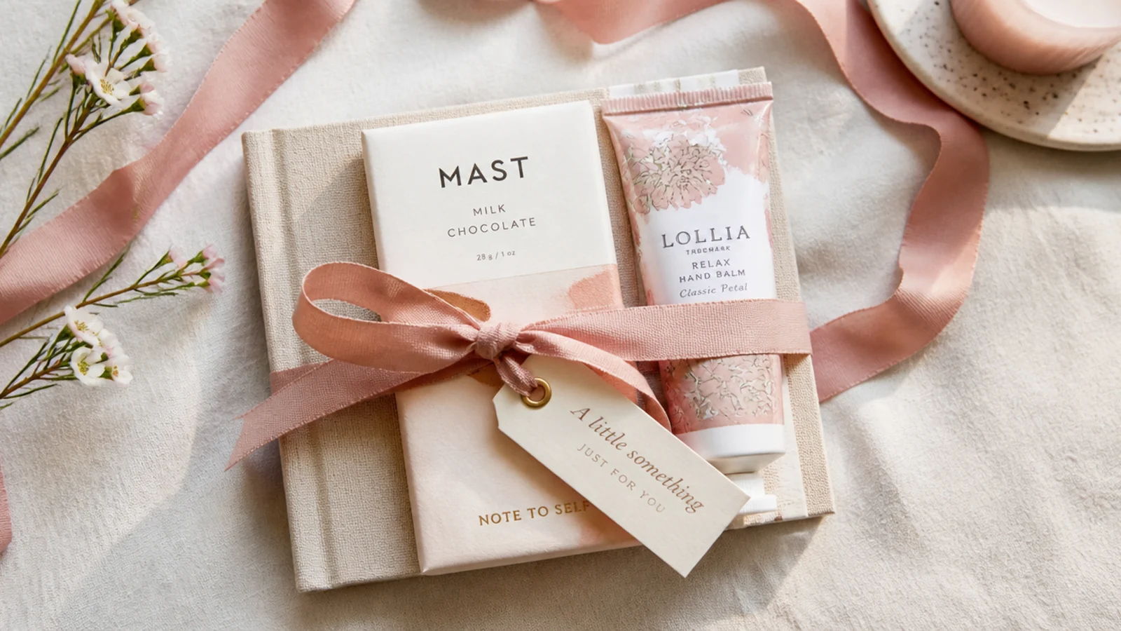 Faceless flat-lay of two small gifts tied together with ribbon into one curated set