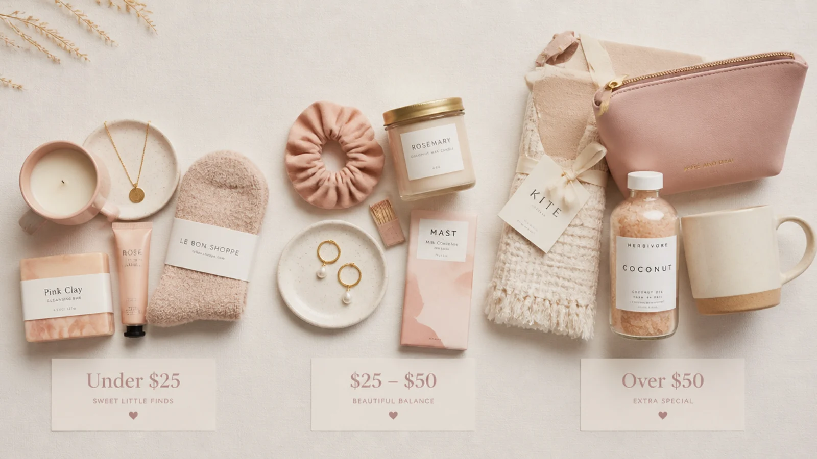 Faceless flat-lay grouping small gifts into three labelled price tiers on a neutral surface