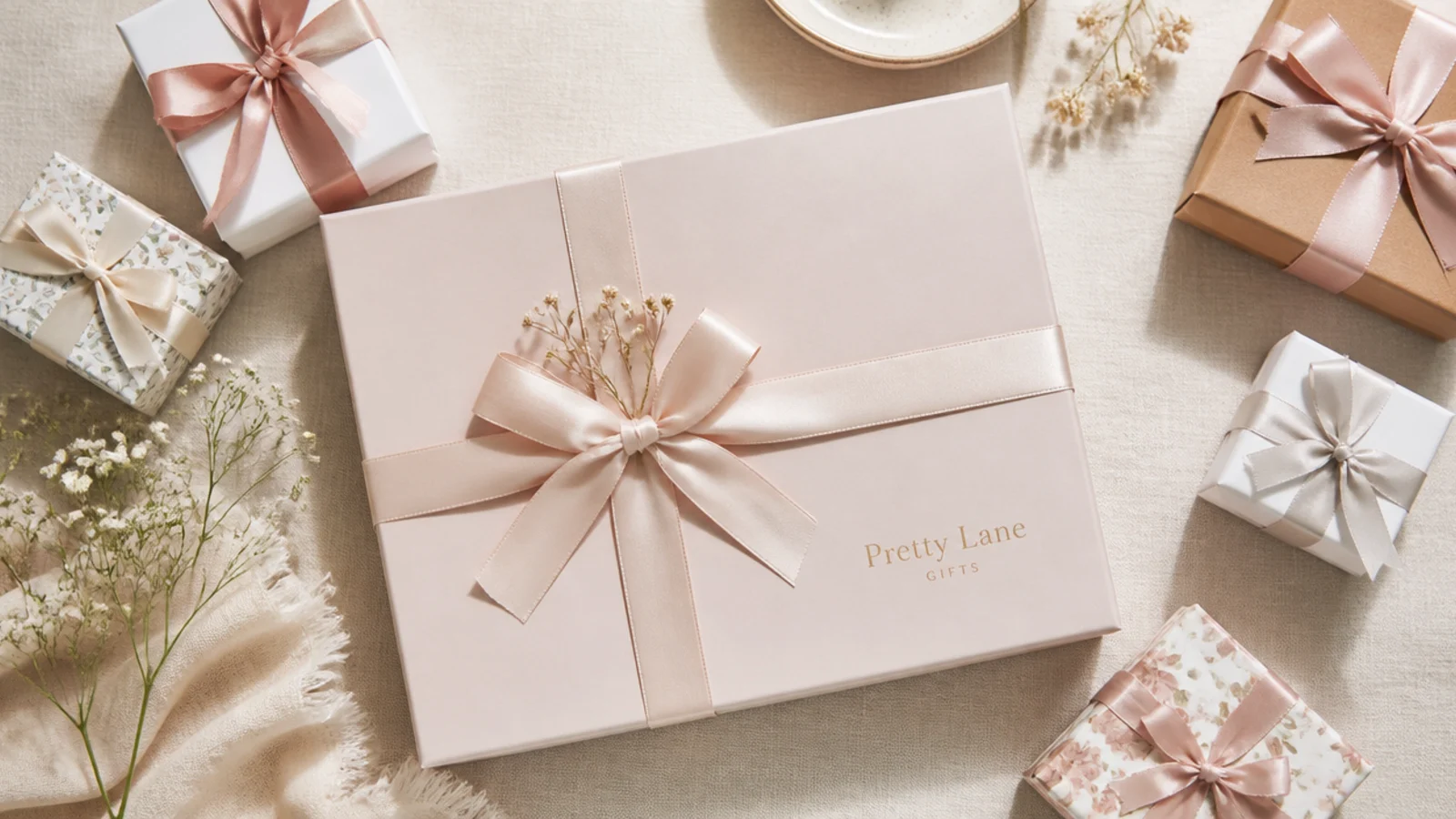 Faceless flat-lay of a single premium gift beside several small separate gift boxes