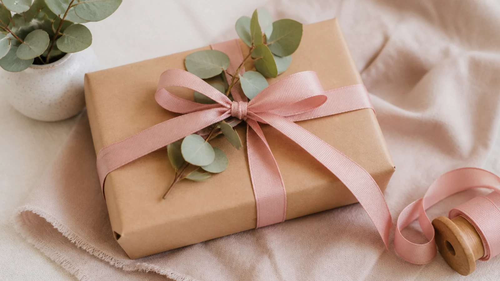Faceless shot of a gift wrapped in kraft paper tied with ribbon and a eucalyptus sprig