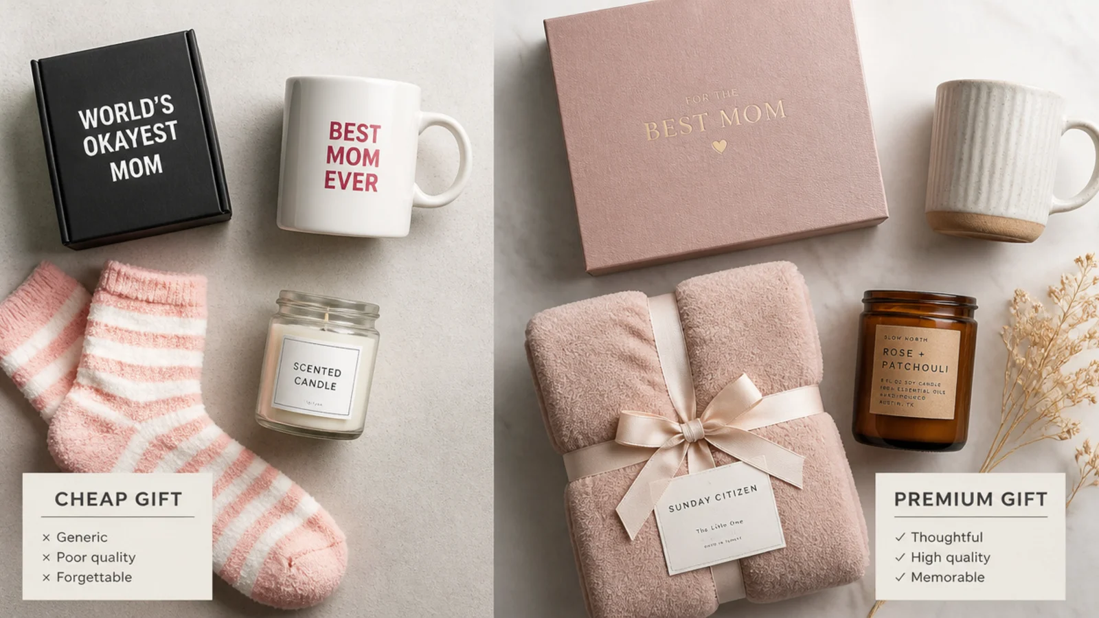 Faceless flat-lay contrasting a cheap gift and a premium version of the same category