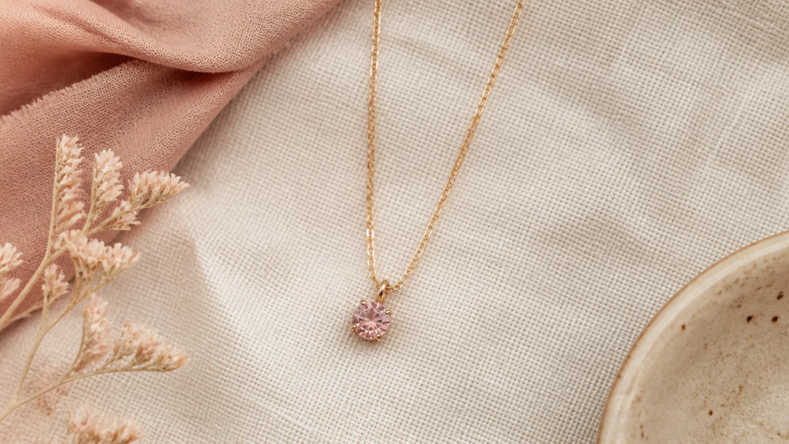 Faceless close flat-lay of a fine 14k gold chain with a small birthstone pendant on cream linen