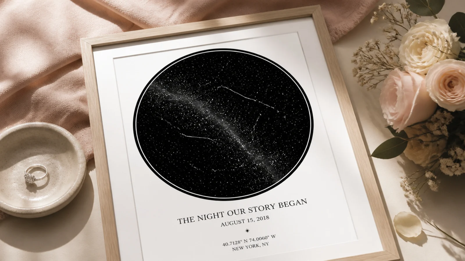 Faceless flat-lay of a framed monochrome star map print showing a night sky on a specific date