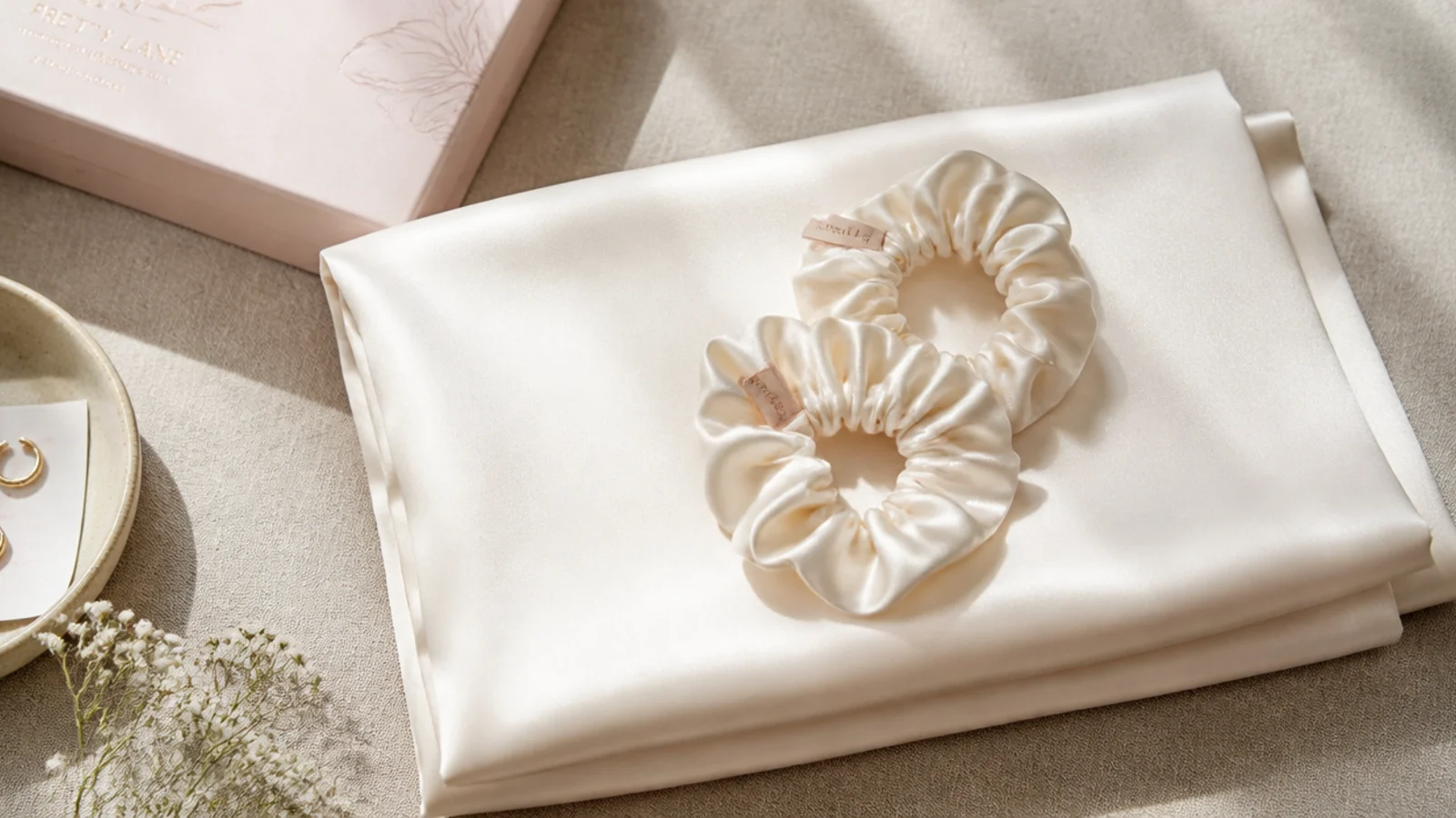 Faceless flat-lay of a folded ivory mulberry silk pillowcase with matching silk scrunchies on linen