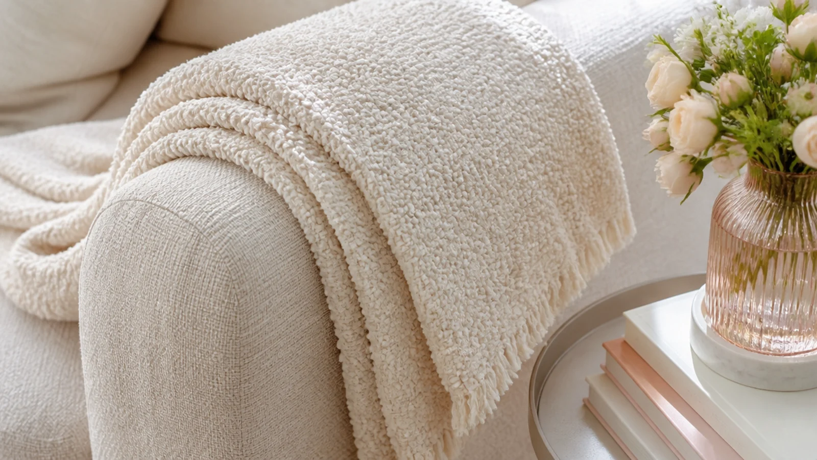 Faceless flat-lay of a chunky cream boucle throw blanket folded over the arm of a sofa