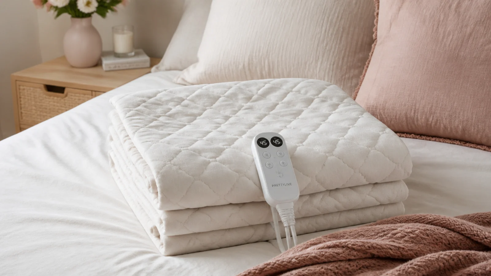 Faceless flat-lay of a folded quilted heated mattress pad with a dual-zone controller on a bed