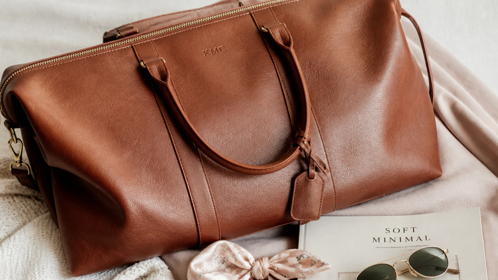 Faceless flat-lay of a tan full-grain leather weekender bag with a small embossed monogram