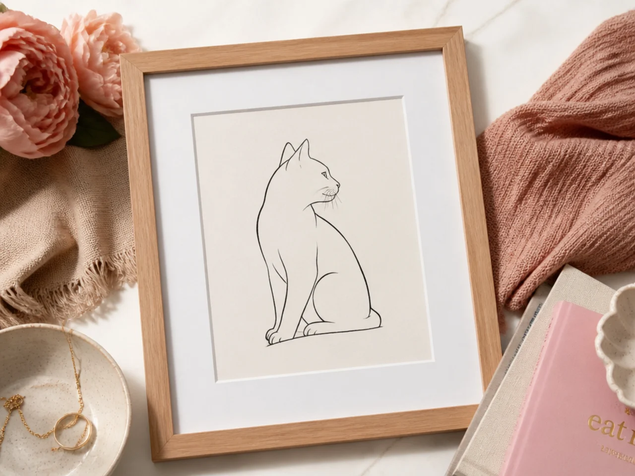 Faceless flat-lay of a framed line-art illustration of a cat on a cream matte background