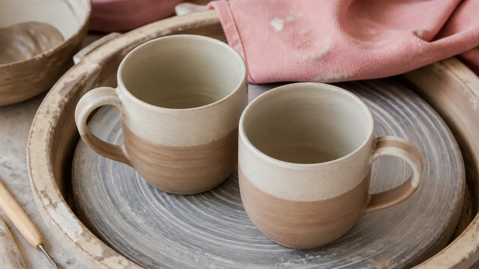 Faceless flat-lay of two ceramic mugs on a pottery wheel with clay-dusted hands out of frame